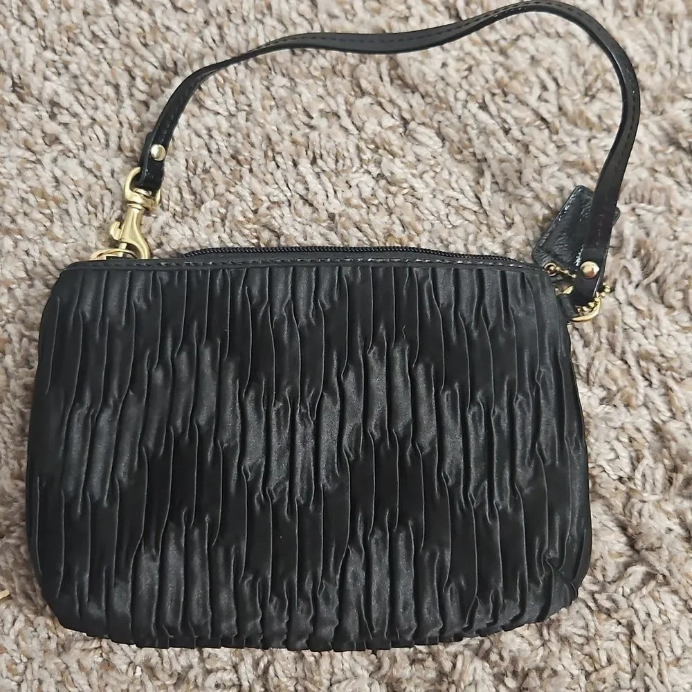 Coach Black Pleated Wristlet | Gold Tone Hardware | Hang Tag Included